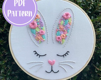 PDF Pattern - Hoppy Easter Bunny, Beginner/Intermediate Embroidery, Embroidery Pattern, DIY Embroidery, Hand Embroidery, Floral Embroidery