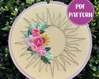 PDF Pattern - Sunshine Stems, Floral Sun Celestial Hand Embroidery Pattern, Intermediate Embroidery Pattern, DIY Embroidery, Hand Embroidery