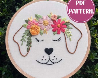 PDF Pattern - Posy Puppy, Flower Crown Puppy Dog, Dog Embroidery Pattern, DIY Embroidery, Hand Embroidery