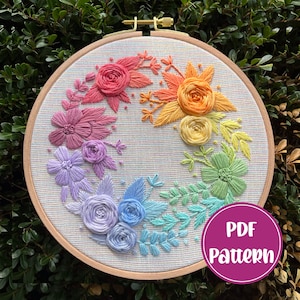 PDF Anleitung - Regenbogen Kranz, Pastell Blumenkranz Stickerei, fortgeschrittenes Stickmuster, DIY Stickerei, Handstickerei