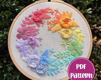 PDF Pattern - Rainbow Wreath, Pastel Floral Wreath Embroidery, Intermediate Embroidery Pattern, DIY Embroidery, Hand Embroidery