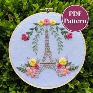 PDF Pattern - La Fleur Eiffel, Intermediate Embroidery, Embroidery Pattern, DIY Embroidery, Hand Embroidery, Floral Embroidery