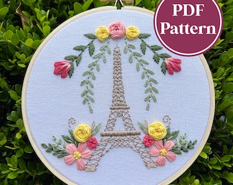 PDF Pattern - La Fleur Eiffel, Intermediate Embroidery, Embroidery Pattern, DIY Embroidery, Hand Embroidery, Floral Embroidery