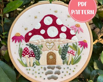 PDF Pattern - Mushroom Manor, Toadstool Cottage House, Flower Fall Embroidery Pattern, DIY Embroidery, Hand Embroidery