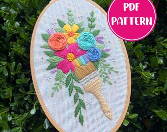 PDF Pattern - Painted Petals, Rainbow Paintbrush Floral Embroidery, Intermediate Embroidery Pattern, DIY Embroidery, Hand Embroidery