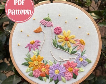 PDF Pattern - Garden Goose, Silly Spring Easter Floral Embroidery Pattern, DIY, Hand Embroidery
