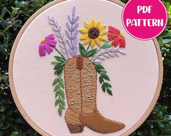 PDF Pattern - Western Wildflowers, Cowboy Boot Bouquet Embroidery, Intermediate/Advanced Embroidery Pattern, DIY Embroidery, Hand Embroidery