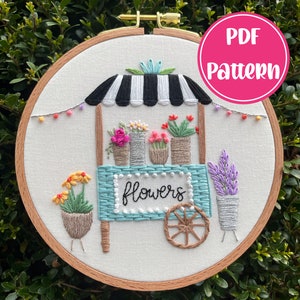 PDF Muster - Frische Blumen, Blumenwagen Blumen Standstickerei, Zwischenstickmuster, DIY Stickerei, Handstickerei