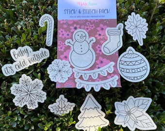 Holiday Stitch and Stick Pack, Water-Soluble Dissolving Stick-On Embroidery Designs, Christmas Embroidery