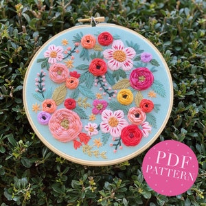 PDF Pattern - Summer Florals, Intermediate Embroidery, Embroidery Pattern, DIY Embroidery, Hoop Art, Hand Embroidery, Floral Embroidery