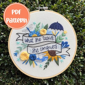 PDF Pattern - What She Tackles She Conquers, GG Embroidery, Intermediate/Advanced Embroidery Pattern, Hand Embroidery, Floral Embroidery,