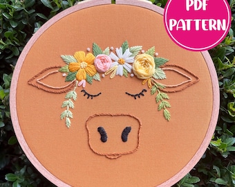 PDF Pattern - Blooming Bovine, Flower Crown Cow, Cow Embroidery Pattern, DIY Embroidery, Hand Embroidery