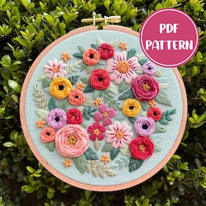 PDF Pattern - Sommerblumen, Stickerei für Fortgeschrittene, Stickmuster, DIY Stickerei, Hoop Art, Handstickerei, Blumenstickerei