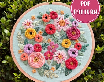 PDF Pattern - Summer Florals, Intermediate Embroidery, Embroidery Pattern, DIY Embroidery, Hoop Art, Hand Embroidery, Floral Embroidery