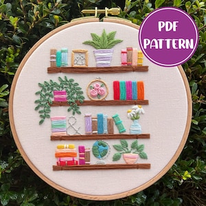 PDF-mönster - Botaniska bokhyllor, Bokinspirerat handbroderimönster, Broderimönster för mellannivå, DIY-broderi, Handbroderi
