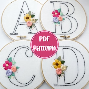 PDF Pattern - Simple Floral Monogram Hand Embroidery Patterns, Floral Monogram Patterns, ABC Letters Initials and Numbers Patterns