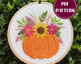 PDF Pattern - Pumpkin Bouquet, Autumnal/Fall Floral Bouquet Embroidery, Intermediate Embroidery Pattern, DIY Embroidery, Hand Embroidery