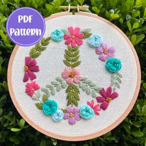 PDF Muster - Friedliche Blütenblätter, Florales Peace Zeichen Symbol Stickerei, Zwischenstickmuster, DIY Stickerei, Handstickerei