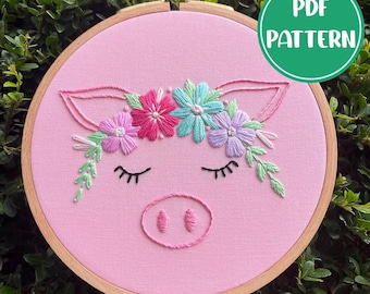 PDF Pattern - Petal Pig, Flower Crown Pig, Pig Embroidery Pattern, DIY Embroidery, Hand Embroidery