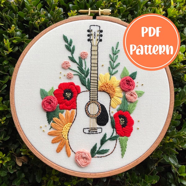 PDF Pattern - August Song, Advanced Embroidery Pattern, DIY Embroidery, Hand Embroidery, Floral Music Embroidery, Guitar Embroidery