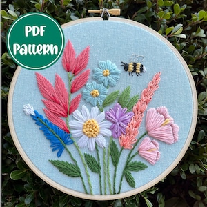 PDF Pattern - Bee Wild, Bumble Bee Floral Embroidery, Intermediate Embroidery Pattern, DIY Embroidery, Hand Embroidery