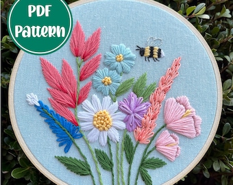 PDF Pattern - Bee Wild, Bumble Bee Floral Embroidery, Intermediate Embroidery Pattern, DIY Embroidery, Hand Embroidery