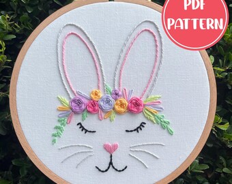 PDF Pattern - Rosy Rabbit, Flower Crown Rabbit, Bunny Embroidery Pattern, DIY Embroidery, Hand Embroidery