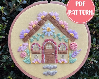 PDF Pattern - Spring Cottage, Floral House Cottage Embroidery Pattern, Intermediate Embroidery Pattern, DIY Embroidery, Hand Embroidery