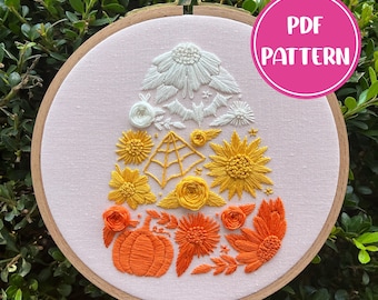 PDF Pattern - Sweet & Spooky, Floral Candy Corn Halloween Embroidery, Intermediate Embroidery Pattern, DIY Embroidery, Hand Embroidery
