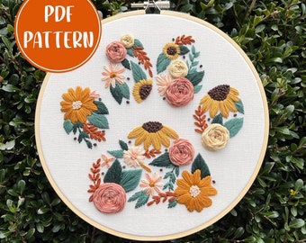 PDF Pattern -Furry Friend Florals, Floral Paw Print Embroidery Pattern, DIY Embroidery, Hand Embroidery, Intermediate Embroidery