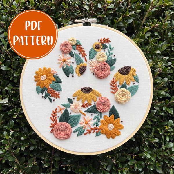 PDF Pattern - Furry Friend Florals, Floral Paw Print Embroidery Pattern, DIY Embroidery, Hand Embroidery, Intermediate Embroidery