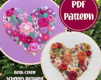 PDF Pattern - Love in Bloom, Intermediate Embroidery, Embroidery Pattern, DIY Embroidery, Hoop Art, Hand Embroidery, Floral Embroidery