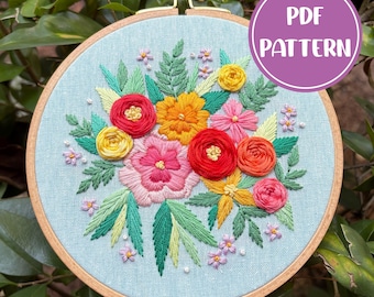 PDF Pattern - Blooming Brilliance, Summer Neon Floral Bouquet Embroidery, Intermediate Embroidery Pattern, DIY Embroidery, Hand Embroidery