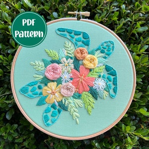 PDF-patroon - Tropische schildpad, bloemenschelpzeeschildpadborduurwerk, gemiddeld/geavanceerd borduurpatroon, DIY-borduurwerk, handborduurwerk
