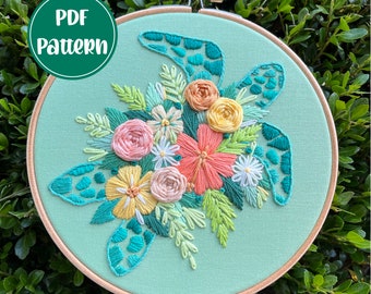 PDF Pattern - Tropical Turtle, Floral Shell Sea Turtle Embroidery, Intermediate/Advanced Embroidery Pattern, DIY Embroidery, Hand Embroidery