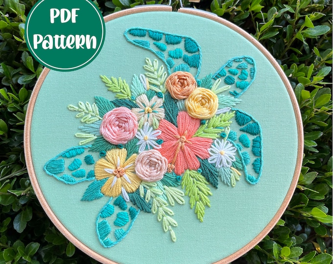 PDF Pattern - Tropical Turtle, Floral Shell Sea Turtle Embroidery ...