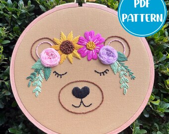 PDF Pattern - Blossoming Bear, Flower Crown Bear, Bear Embroidery Pattern, DIY Embroidery, Hand Embroidery