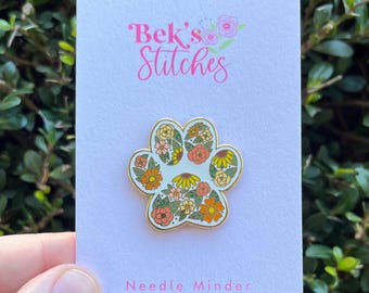 Enamel Floral Paw Print Needle Minder, Needle Magnet, Embroidery Accessory, Dog Cat Paw