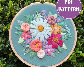 PDF Pattern - September Sorbet, Daisy and Aster Floral Bouquet Embroidery, Intermediate Embroidery Pattern, DIY Embroidery, Hand Embroidery