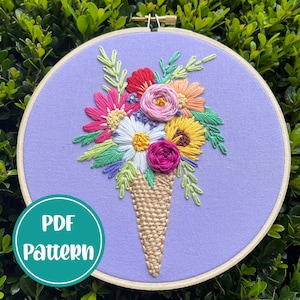 PDF Muster - Sommer Süßigkeiten, fortgeschrittenes Blumen Eistüte Stickmuster, DIY Stickerei, Handstickerei, Blumenstickerei