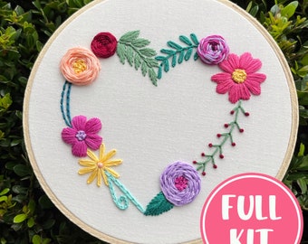 FULL KIT - Beginner's Heart Stitch Sampler/Stitch Along Kit - DIY Embroidery Kit, Floral Embroidery, Embroidery Pattern