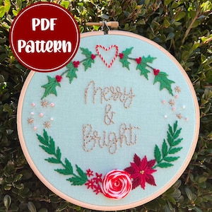 PDFパターン - 明るく楽しいリース、中級刺繍、刺繍パターン、DIY刺繍、手刺繍、花刺繍