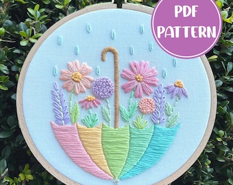 PDF Pattern - Flower Shower, Floral Umbrella Rain Embroidery Pattern, Intermediate Embroidery Pattern, DIY Embroidery, Hand Embroidery