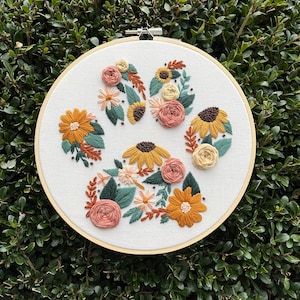 PDF Pattern Furry Friend Florals, Floral Paw Print Embroidery Pattern, DIY Embroidery, Hand Embroidery, Intermediate Embroidery image 2