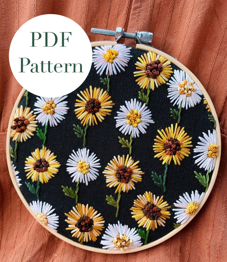 PDF Pattern Sunflower & Daisy Hoop, Beginner Embroidery, Embroidery Pattern, DIY Embroidery, Hoop Art, Hand Embroidery, Floral Embroidery image 1