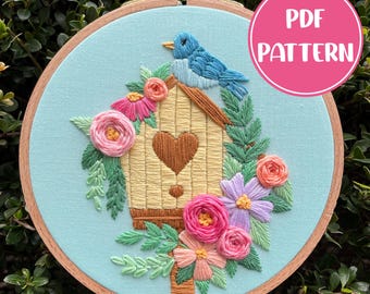 PDF Pattern - Blooming Birdhouse, Floral Bird House Embroidery Pattern, Intermediate Embroidery Pattern, DIY Embroidery, Hand Embroidery
