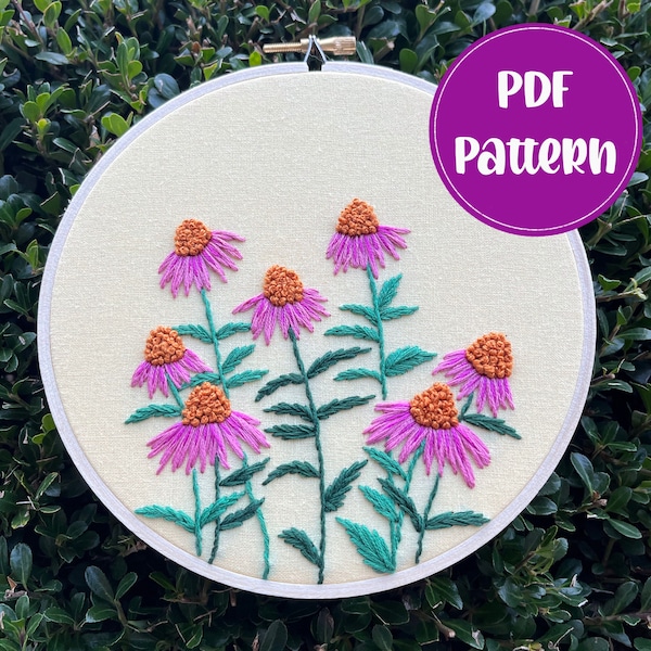 PDF Pattern - Coneflower Field, Beginner/Intermediate Embroidery, Embroidery Pattern, DIY Embroidery, Hand Embroidery, Floral Embroidery