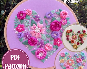 PDF Pattern - Love in Bloom, Intermediate Embroidery, Embroidery Pattern, DIY Embroidery, Hoop Art, Hand Embroidery, Floral Heart Embroidery