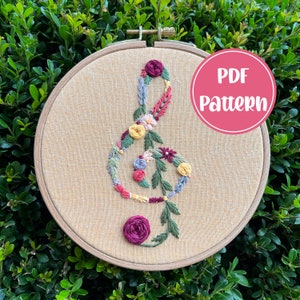 PDF Pattern - Garden Clef, Beginner/Intermediate Embroidery, Embroidery Pattern, DIY Embroidery, Hand Embroidery, Floral Music Embroidery