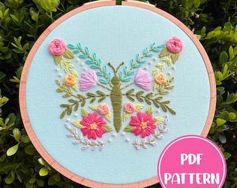 PDF Pattern - Botanical Butterfly, Floral Butterfly Embroidery, Intermediate Embroidery Pattern, DIY Embroidery, Hand Embroidery